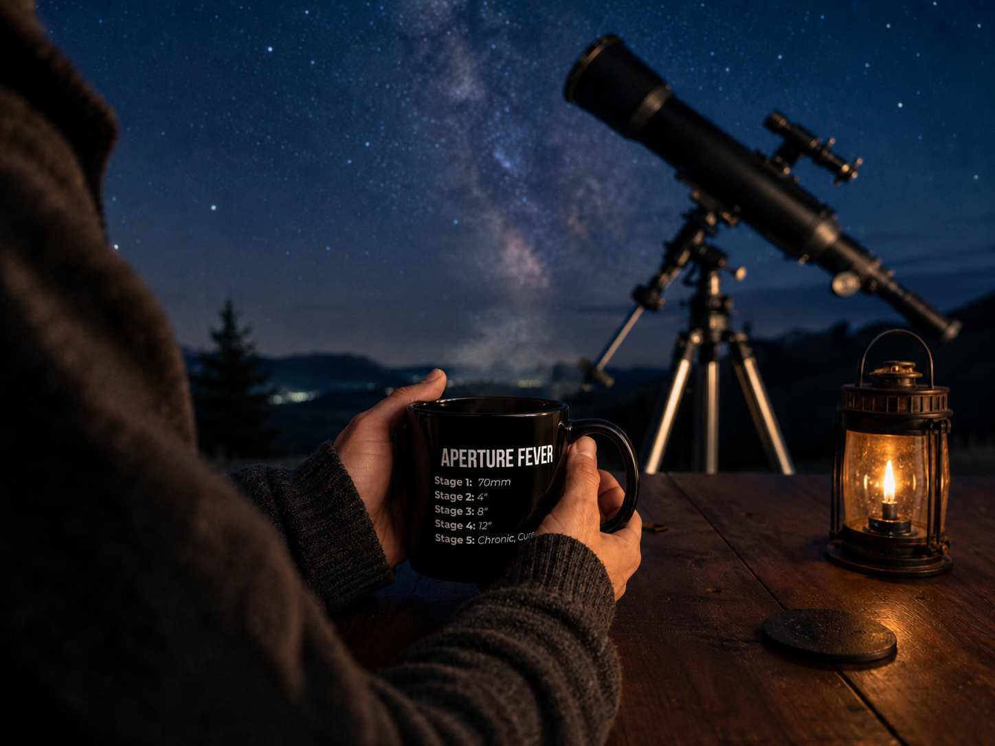 Aperture Fever mug held under the stars with telescope in background