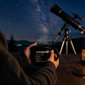 Aperture Fever mug held under the stars with telescope in background